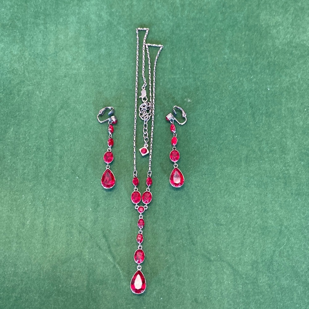 Givenchy Red/Burgundy Necklace and Clip Drop earrings set.
